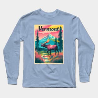 Vermont Moose Mountain Trees Nature Retro Wildlife Souvenir Long Sleeve T-Shirt